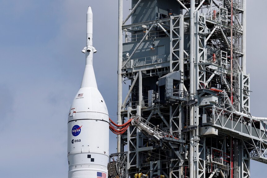 NASA's moon rocket stands on launch pad 39B at Cape Canaveral
