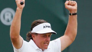Custom of Phil Mickelson celebrating birdie putt on 18th at 2013 British Open