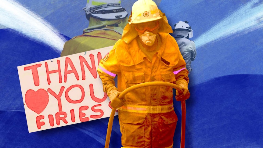 A collage of a firefighter carrying a hose and two others with hoses in the background and a sign that says "Thank you firies".