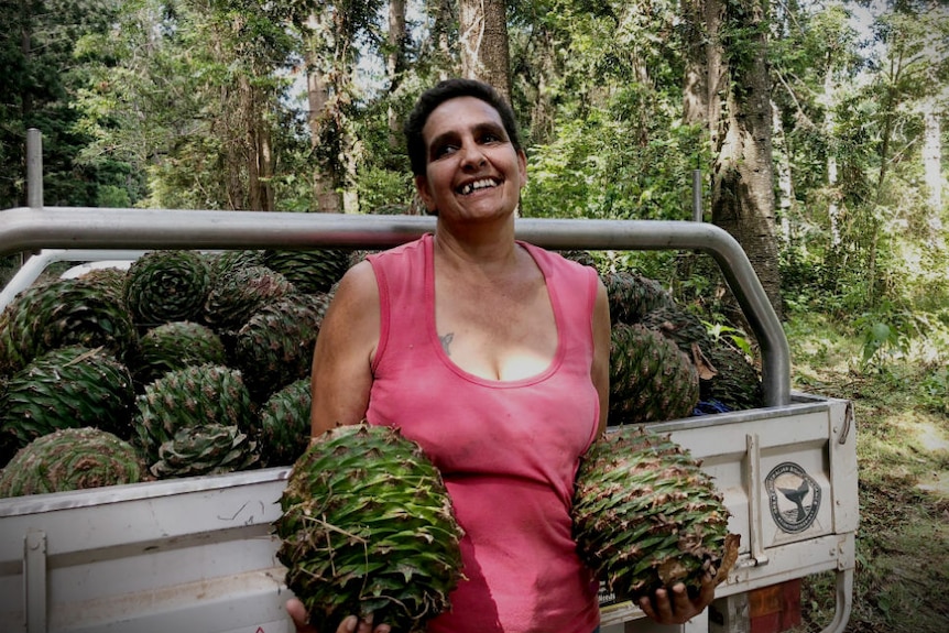 A woman holds two large bunya cones in front of a ute with more cones