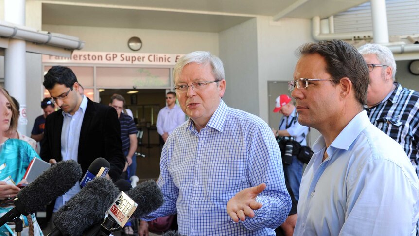 Kevin Rudd speaks to the media after visiting Palmerston GP Super Clinic near Darwin.