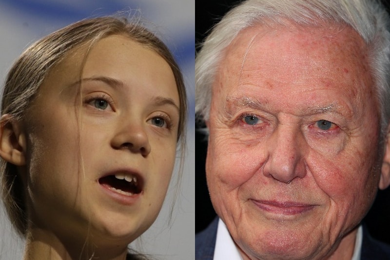 A composite of Greta Thunberg and David Attenborough.