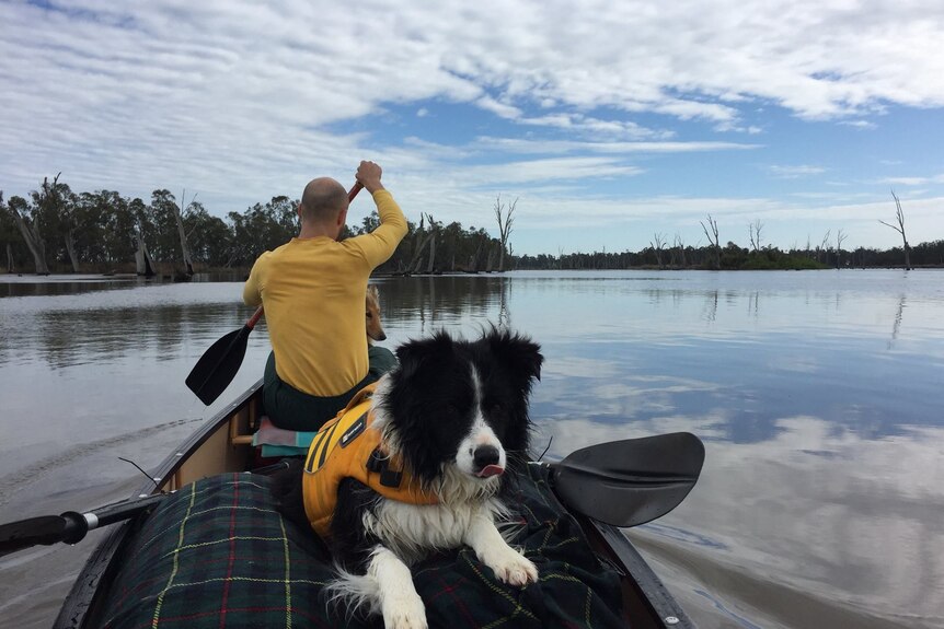 Ben Fitzpatrick and dog Layla on the canoe
