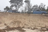 Two four-wheel-drive vehicles parked on top of an eroded beach bank at Woorim Beach.