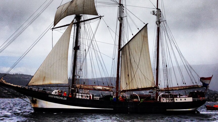 Dutch tall ship, the Oosterschelde, leaves Hobart bound for Sydney.
