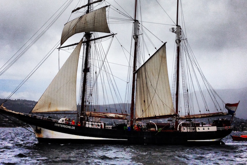 Dutch tall ship, the Oosterschelde, leaves Hobart bound for Sydney.