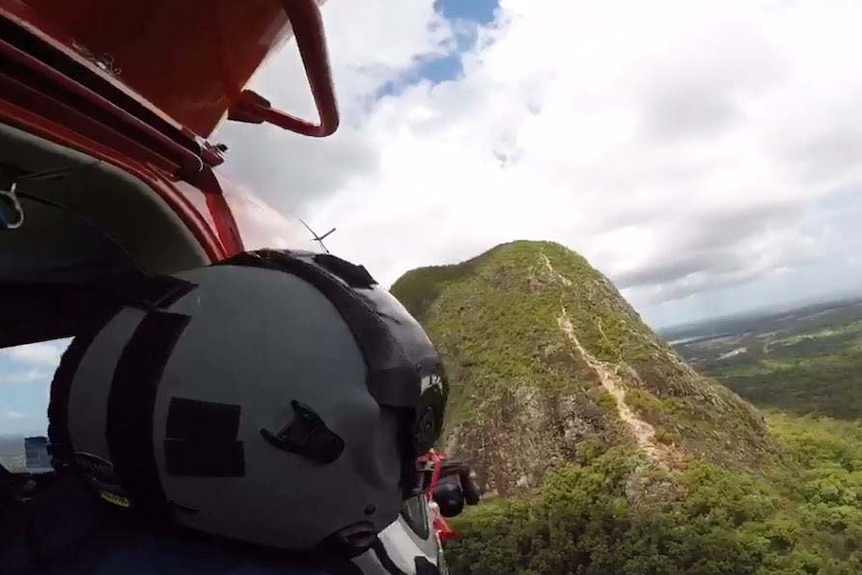 View from the air as the rescue chopper approaches Mount Tibrogargan for a rescue.