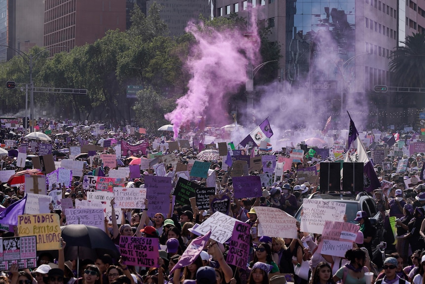 Hundred's of women hold signs and release purple smoke as they march against gender-based violence.