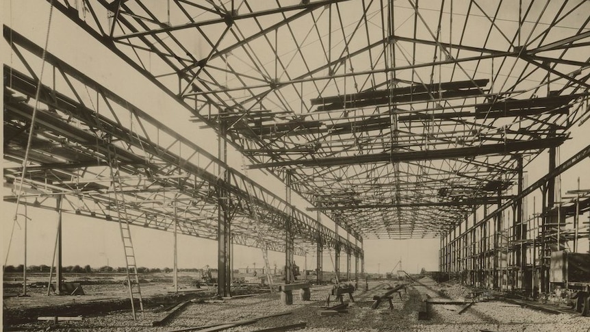 The steel girders of Ford Works in Geelong, under construction in 1925.