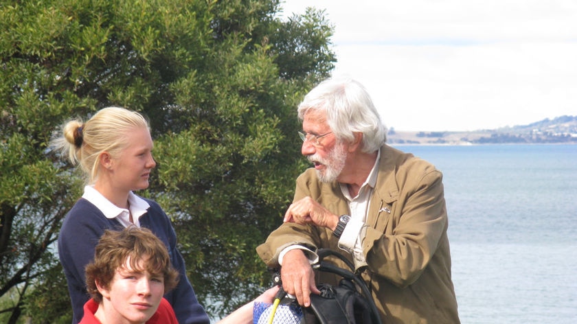 Environmentalist Jean-Michel Cousteau meets students in Hobart.
