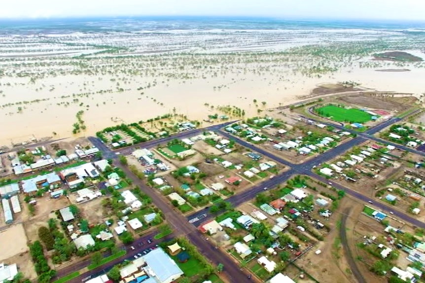 Floodwaters on the edge of the town of Winton in central-west Queensland.