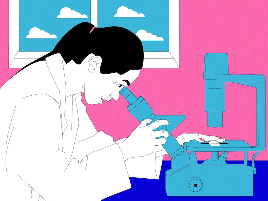 An illustration of a woman wearing a white lab jacket looking into a microscope.