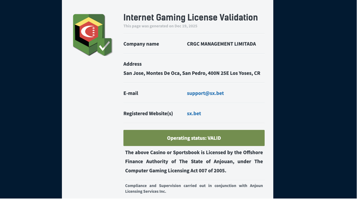 Uma captura de tela de uma página da web intitulada "Validação de licença de jogos de azar na Internet" 19 de dezembro de 20205