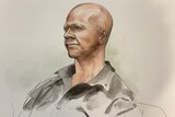 A courtroom sketch of Christopher Healey, who is bald and wears a dark shirt.