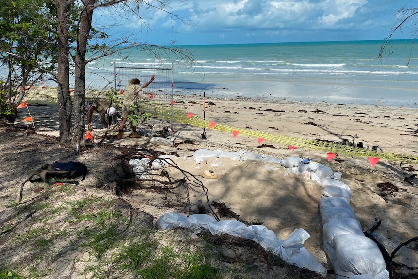 Orange flags and sandbags surround a section of beach with blue skies and rolling waves in the background.