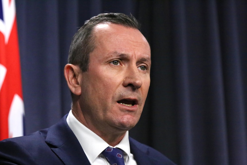 A head and shoulders shot of WA Premier Mark McGowan speaking at a media conference.