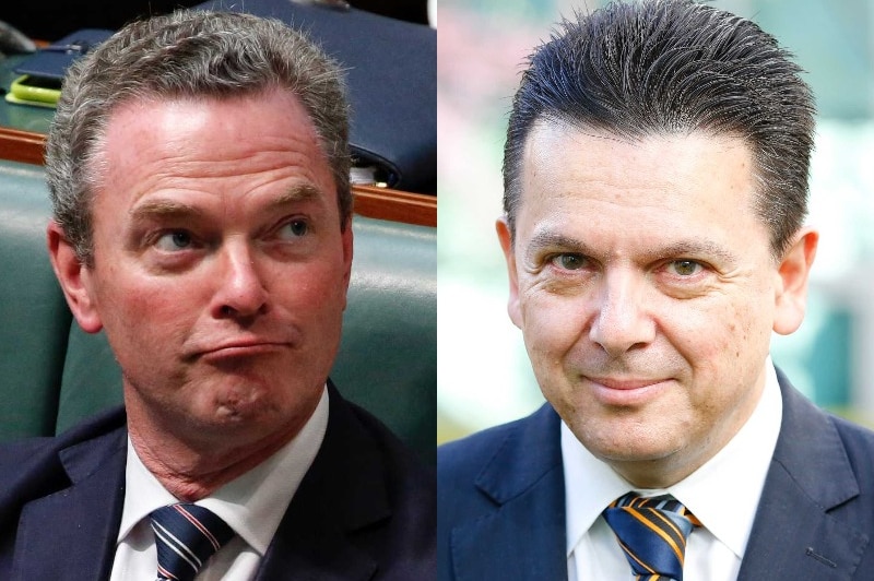 Christopher Pyne sitting in Parliament alongside an image and Nick Xenophon wearing a suit