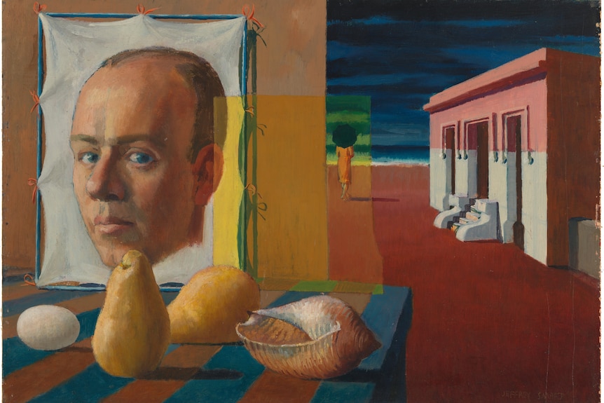 The face of a man in an abstract self portrait in on the left of the painting, with some italian buildings on the right.