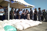 Indonesian Navy displays bags of the methamphetamines