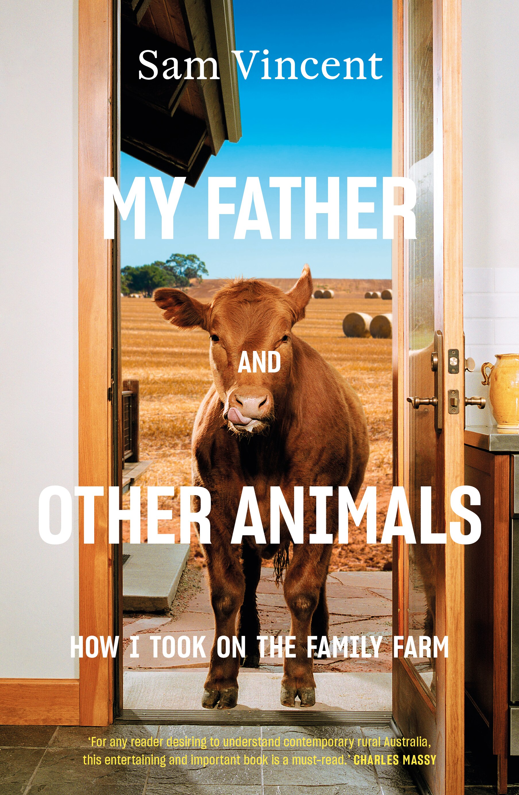 A book cover image features a picture of a cow standing in the doorway of a house with a farm in background.