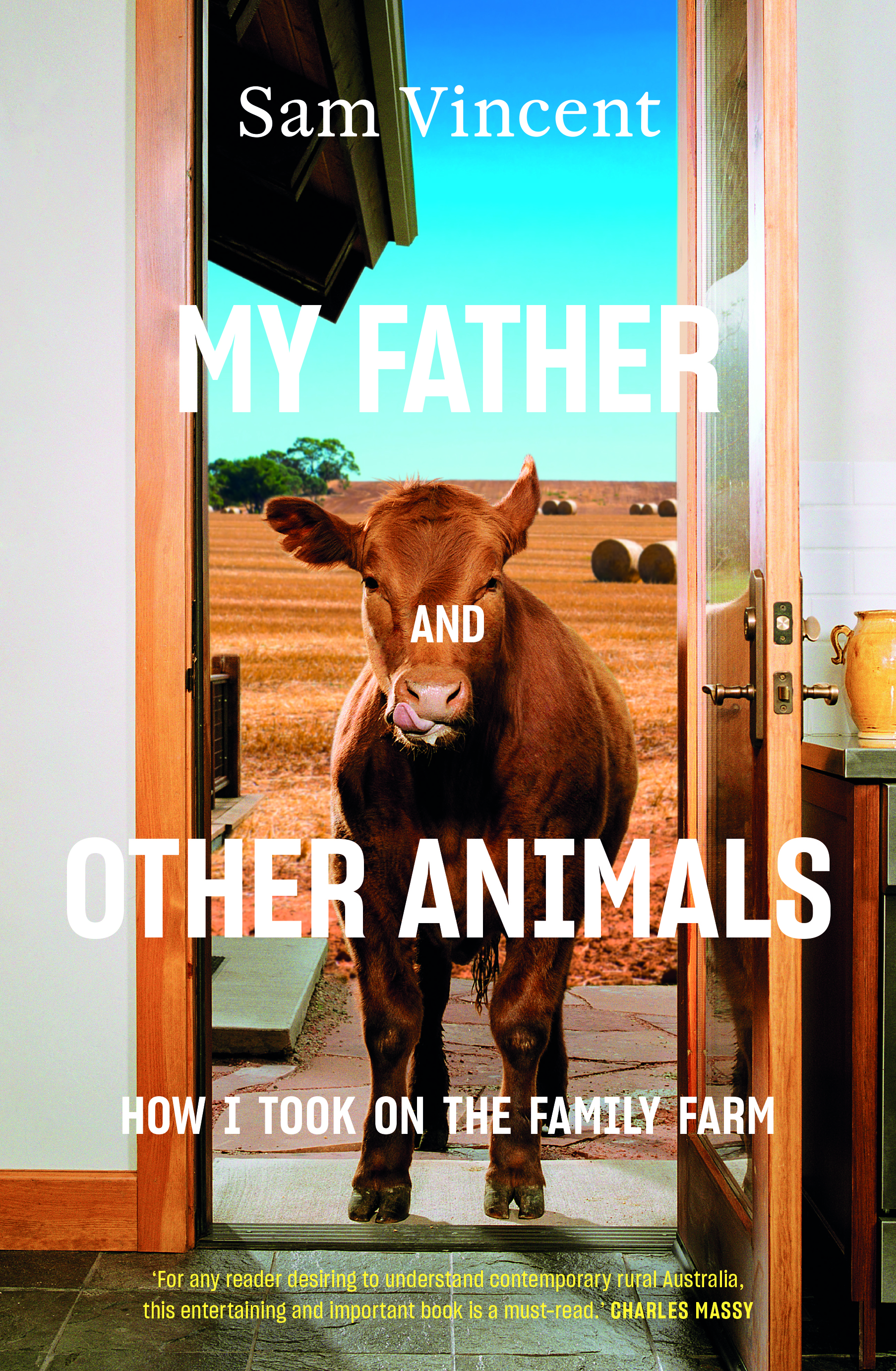 A book cover image features a picture of a cow standing in the doorway of a house with a farm in background.