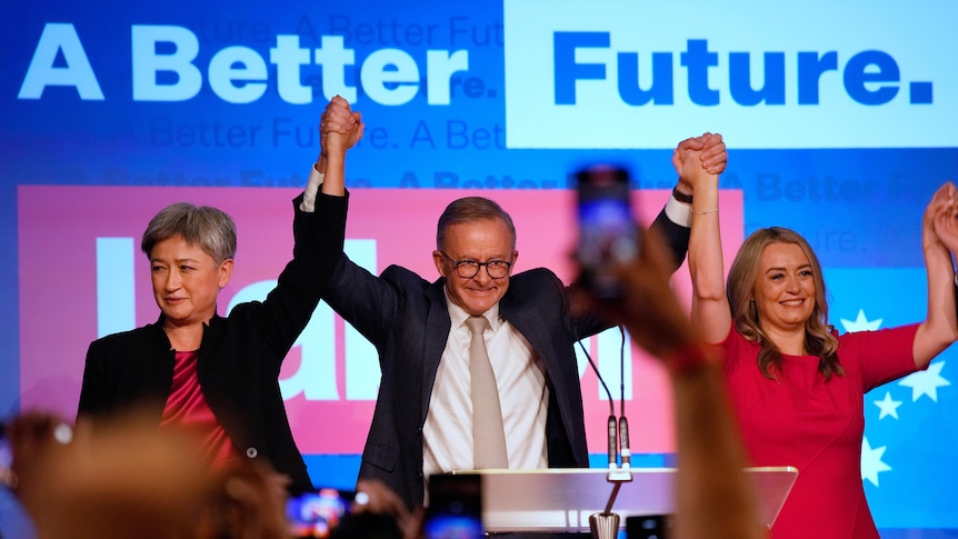 Anthony Albanese celebrates his election win with his partner partner Jodie Haydon and Labor senate leader partner Penny Wong.