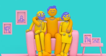 Illustration of a grown son and parents sitting on a couch