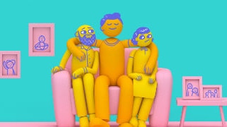 Illustration of a grown son and parents sitting on a couch