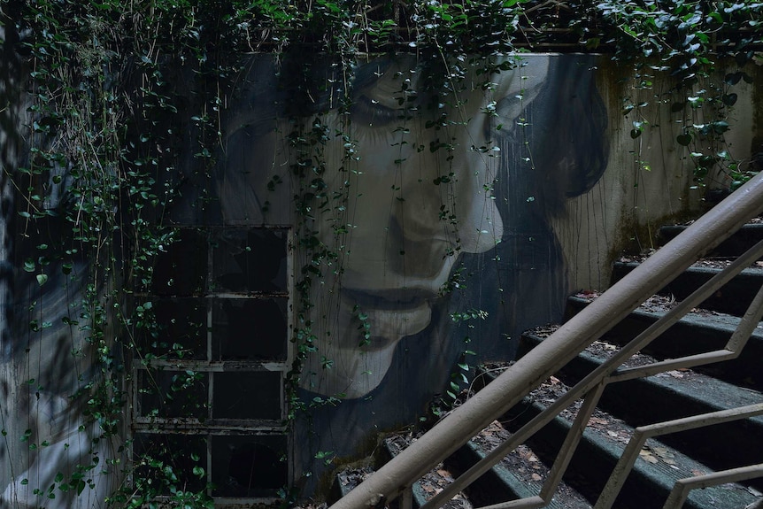 A mural of a woman's face on an outside wall with ivy that looks like her hair.