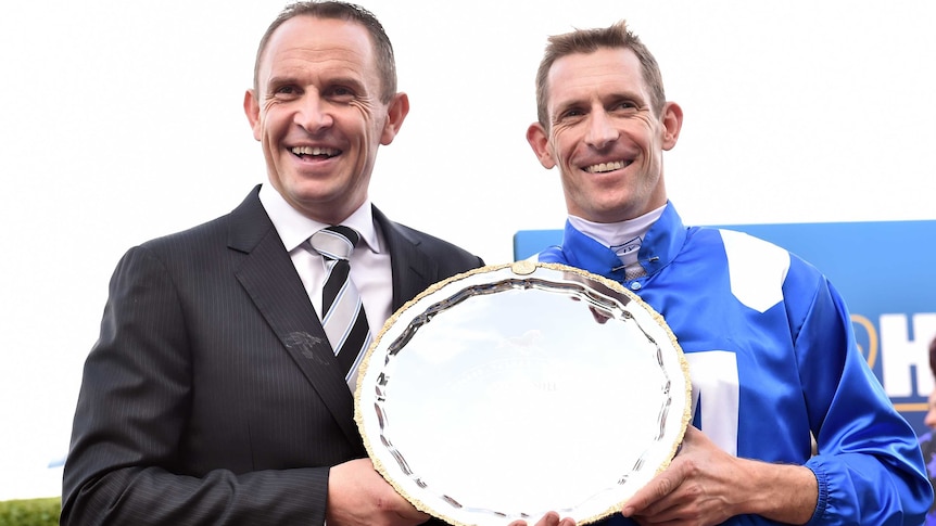Chris Waller and Hugh Bowman with the Cox Plate