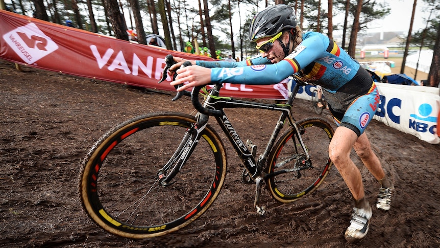 Belgian Femke Van den Driessche in women's under 23 race at 2016 world cyclocross championships.