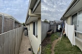 A composite image showing two different views of the land surrounding a house. The space is small and other houses are visible.