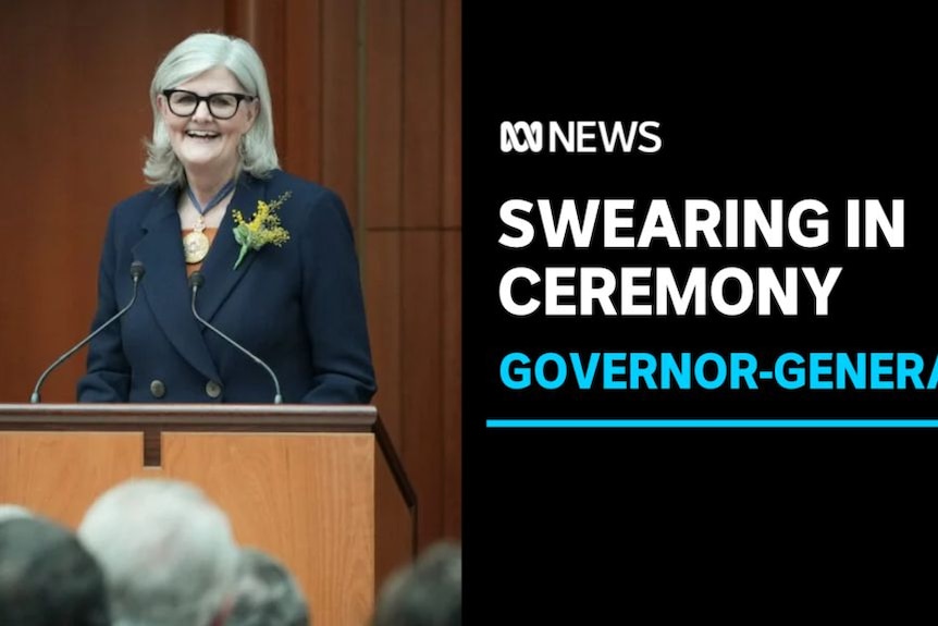 Swearing in Ceremony, Governor-General: Sam Mostyn smiles at a lecturn.