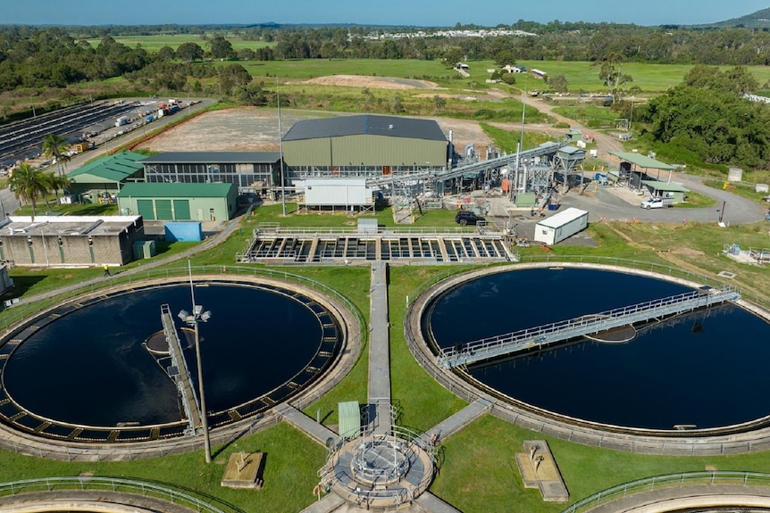 Aerial view biosolids gasification facility at Logan, south of Brisbane