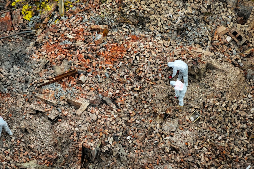 A aerial close up of the rubble of the pub 