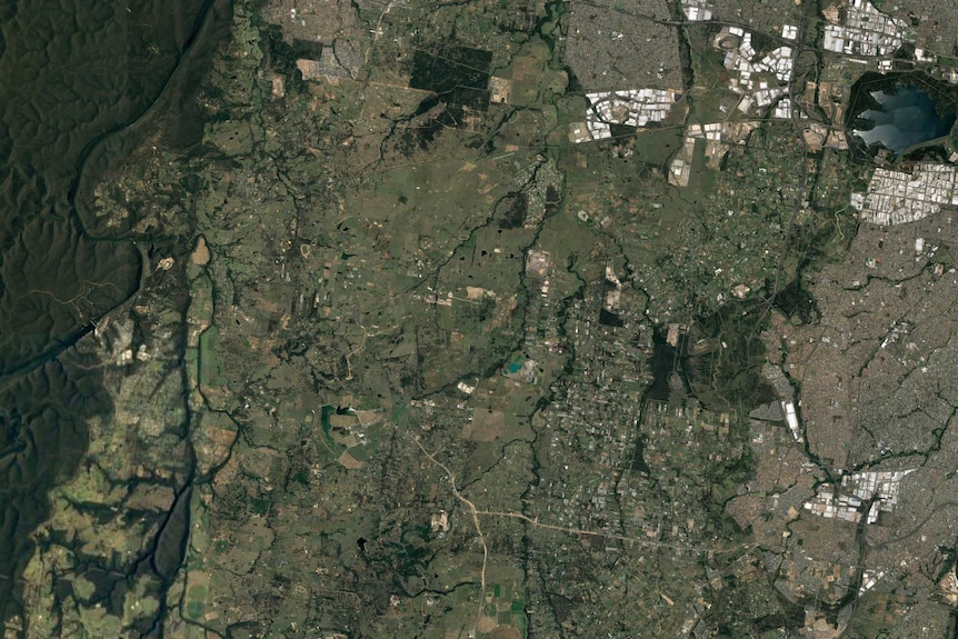 Suburbs and greenery, seen from above