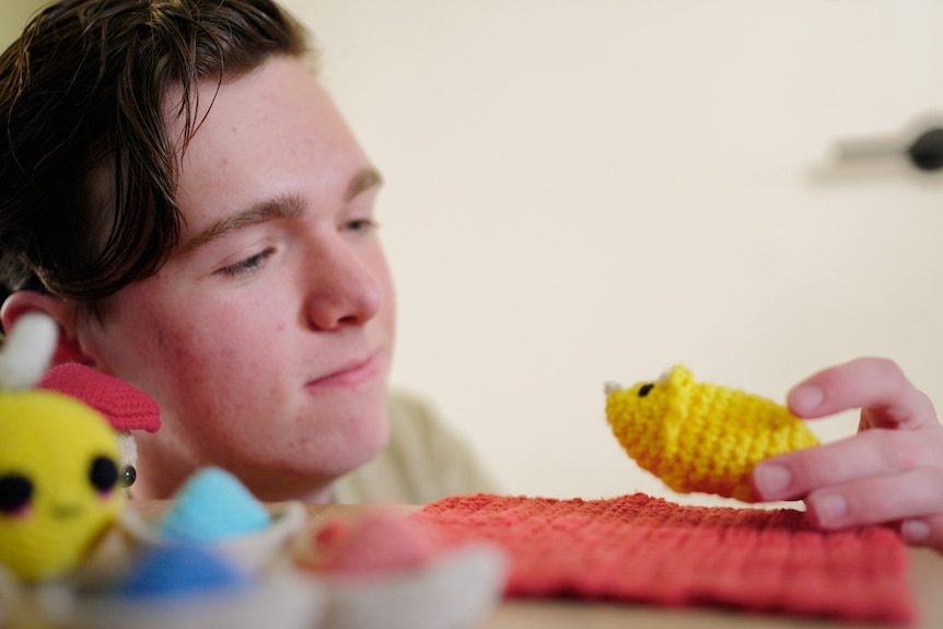 Jorden looks to the right at the yellow crochet dinosaur he holds in his hand, with a proud expression.