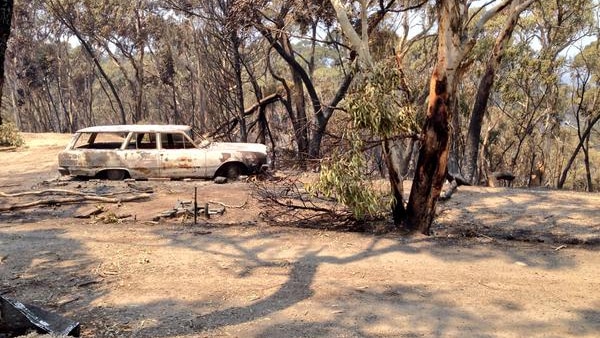 A burned out car on the Upper Hermitage ridge destroyed by bushfires