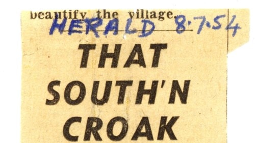 A yellowed clipping of a news article from 1954 with the headline, "That South'n Croak".