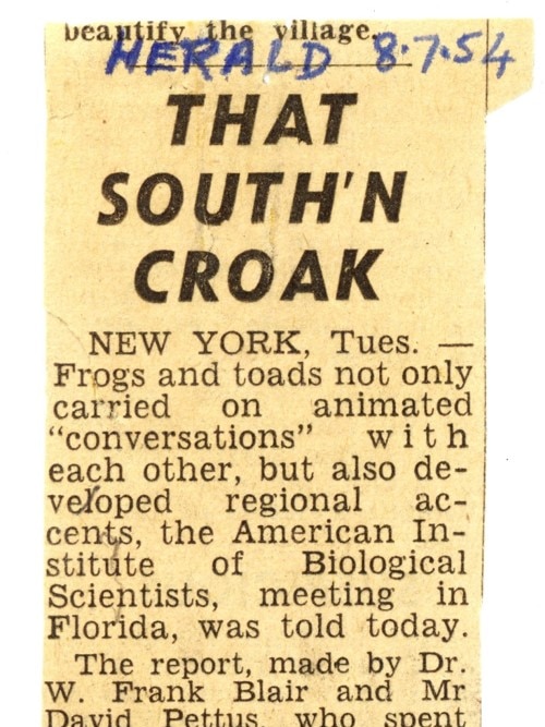 A yellowed clipping of a news article from 1954 with the headline, "That South'n Croak".