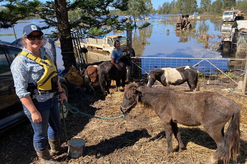 A woman in a blue shirt and yellow lifejacket stands with a miniature horse on a lead.
