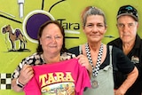 Composite image of three people standing in front of mural that reads 'Tara'