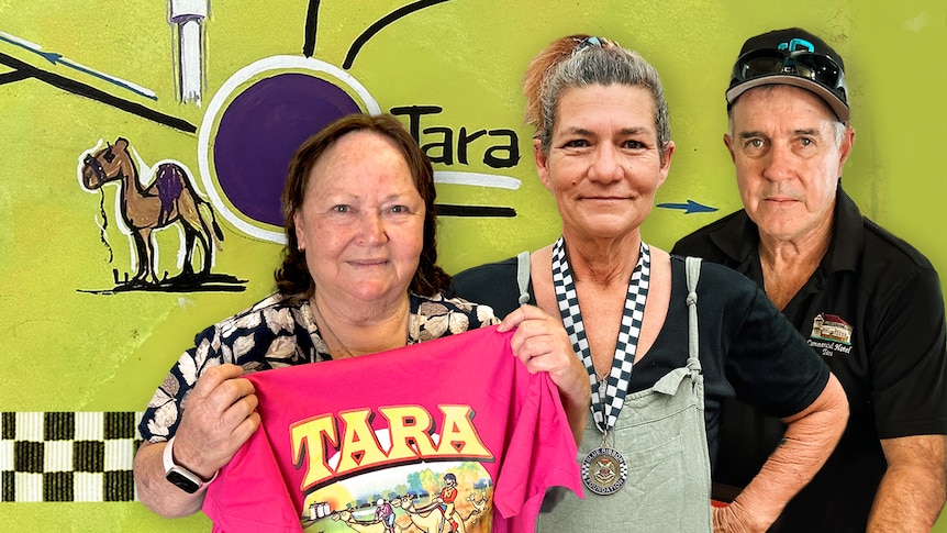 Composite image of three people standing in front of mural that reads 'Tara'