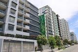 Apartment buildings along an uphill street in Brisbane.