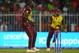 West Indies cricketer Andre Russell celebrates.