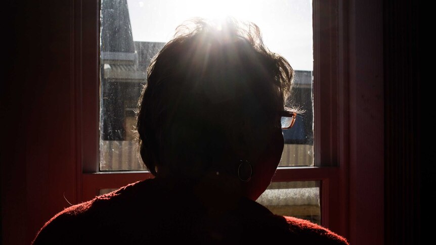 A woman stands in shadow facing the window.