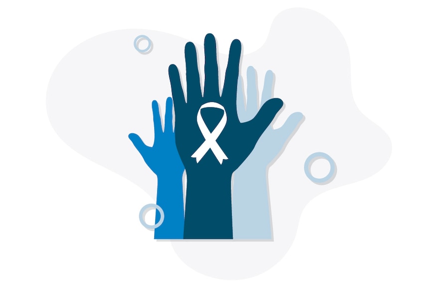 A graphic depicting a three hands raised with a white ribbon