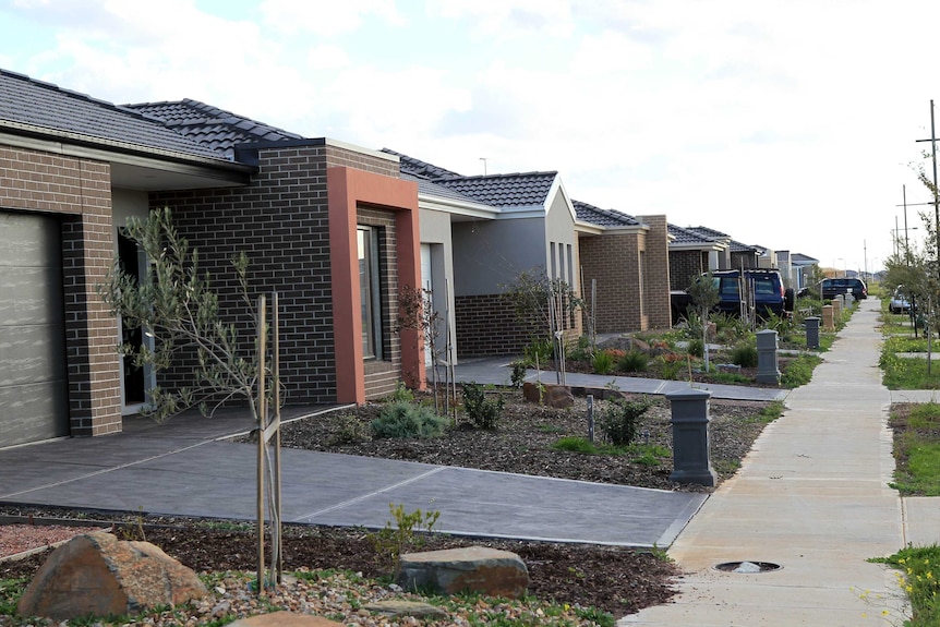 A row of newly built houses on a housing estate in Deer Park, Melbourne.