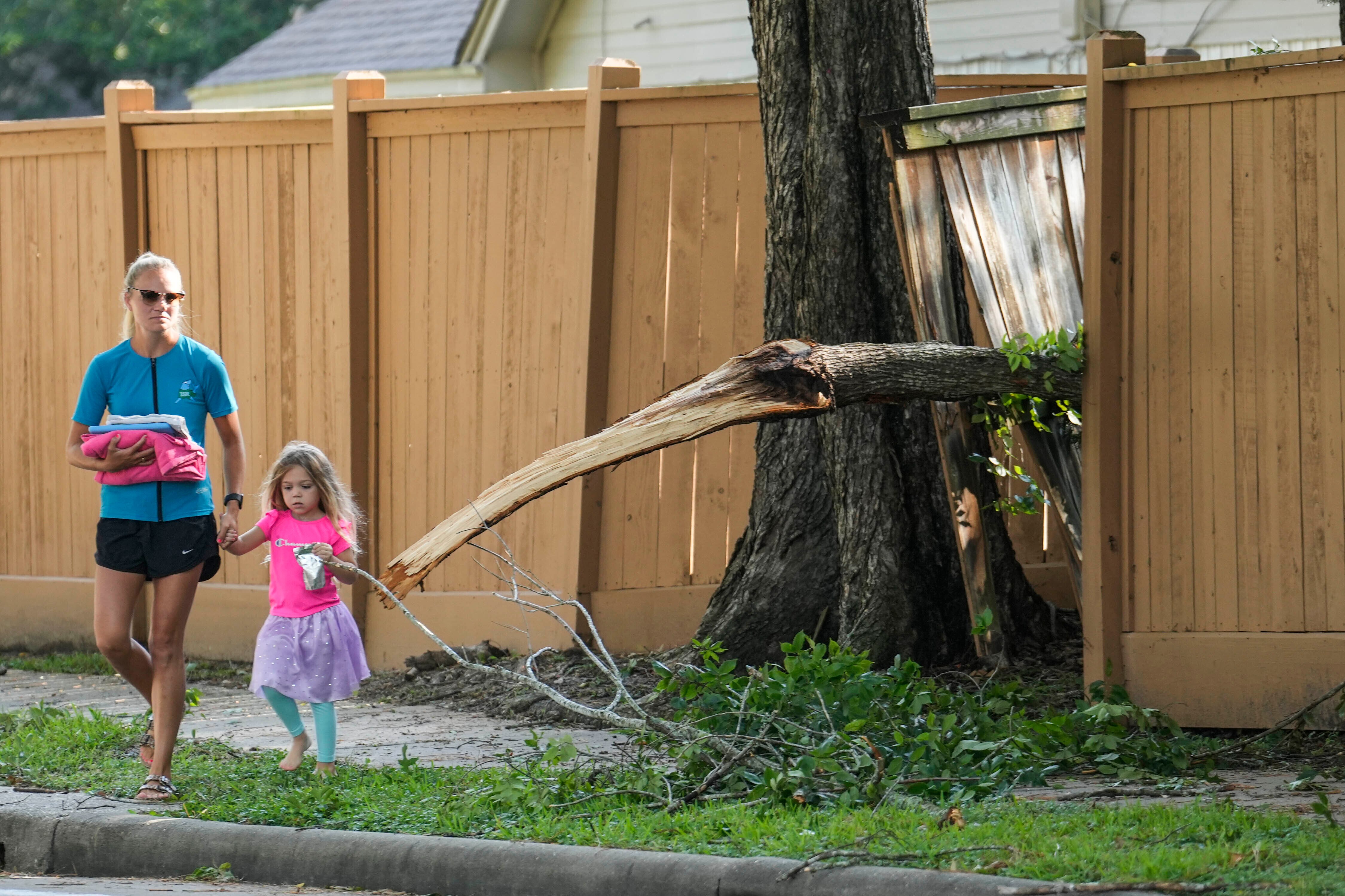A woman and a child are holding hands as they walk past a fence through which a tree has fallen.
