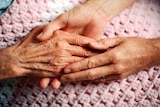 A younger woman's hand holding an elderly patient's hand.